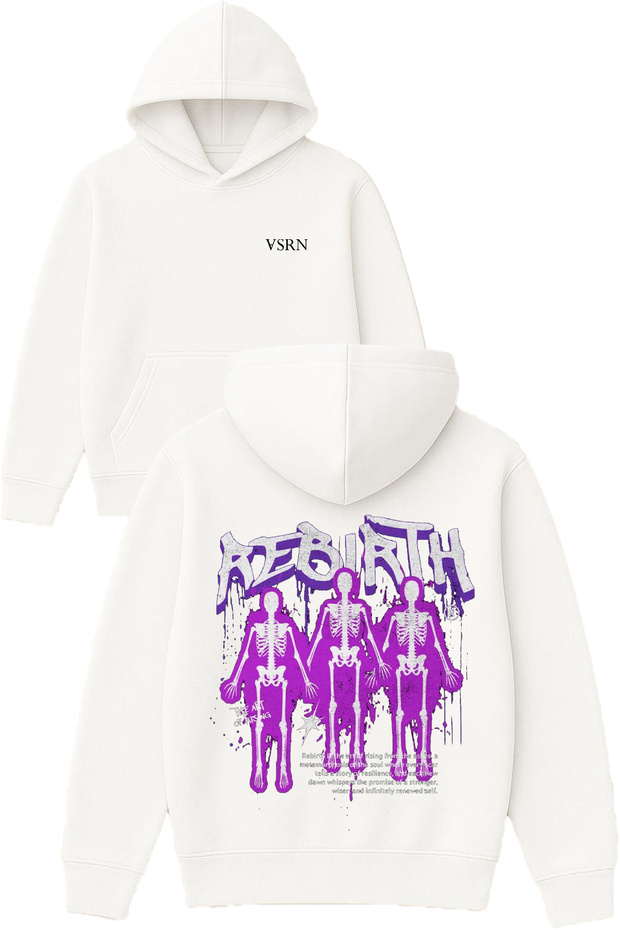 Rebırth Design Printed Oversized White Hooded Sweatshirt