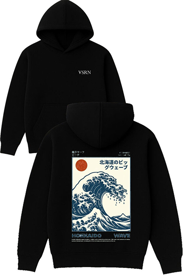 Hokkadıdo Wawe Design Printed Oversized Black Hooded Sweatshirt