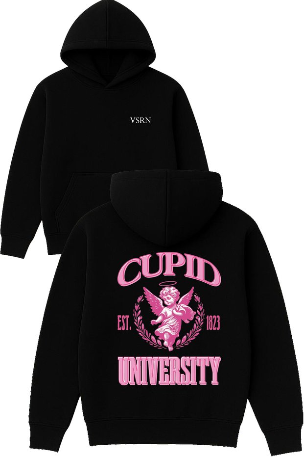 University Cupid Design Printed Oversized Black Hooded Sweatshirt