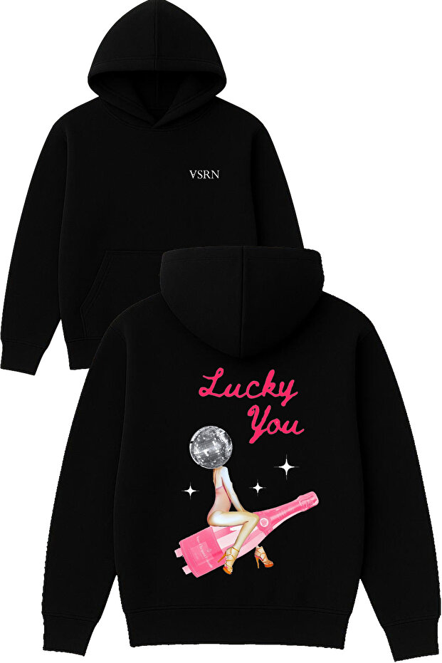 Lucky You Design Printed Oversized Black Hooded Sweatshirt