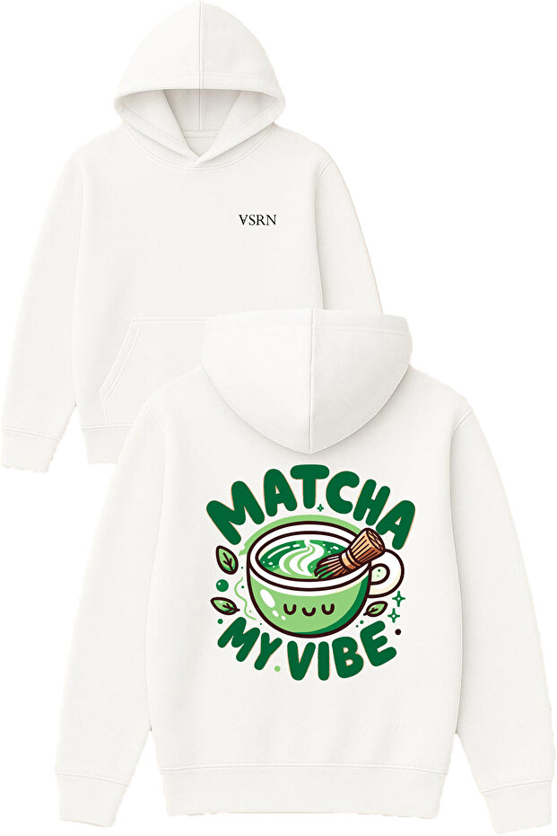 Matcha Vibe Design Printed Oversized White Hooded Sweatshirt