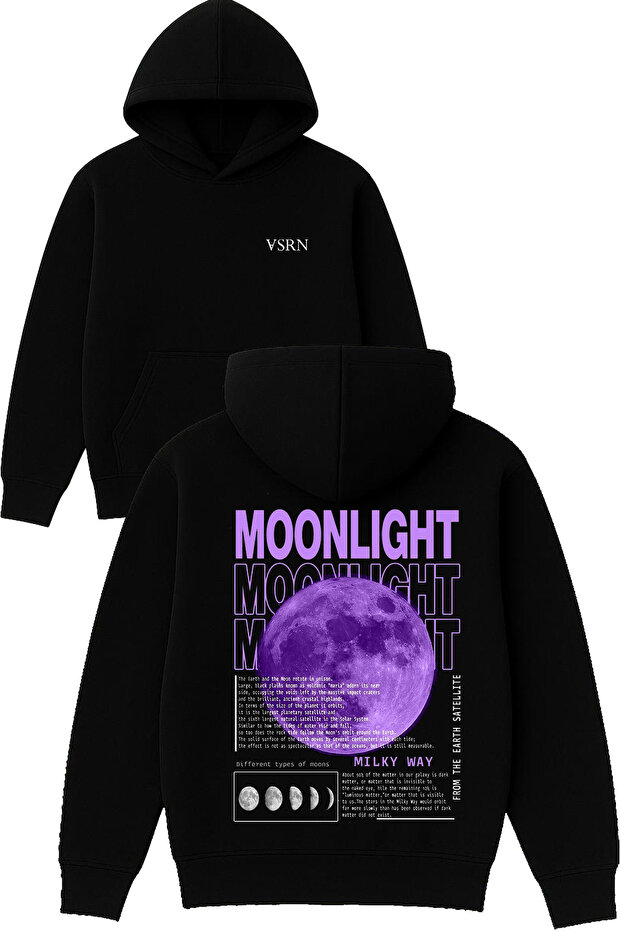 Moonlight Milky Way Design Printed Oversized Black Hooded Sweatshirt