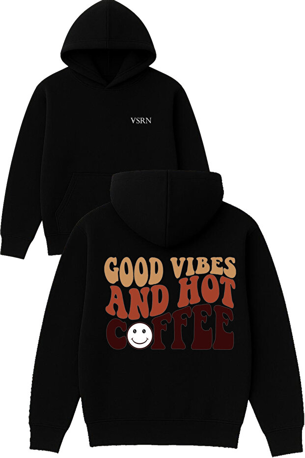 Coffee Good Vibes Design Printed Oversized Black Hooded Sweatshirt