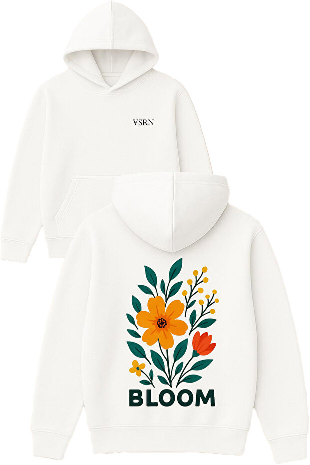 Bloom 1 Design Printed Oversized White Hooded Sweatshirt