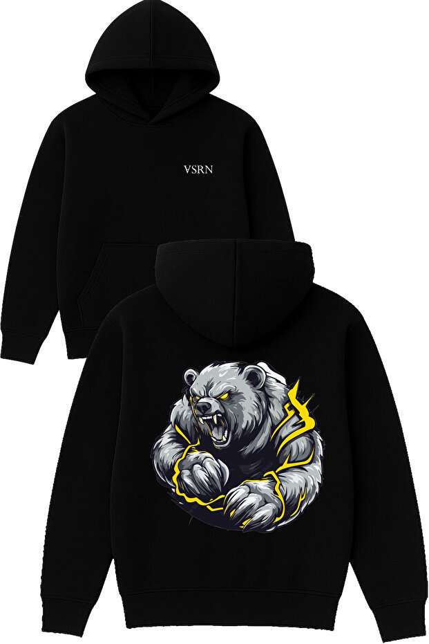 Strong Bear Design Printed Oversized Black Hooded Sweatshirt