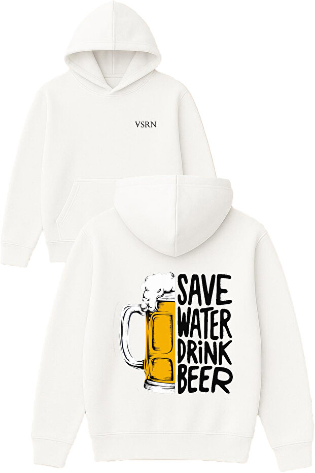 Save Water Design Printed Oversized White Hooded Sweatshirt