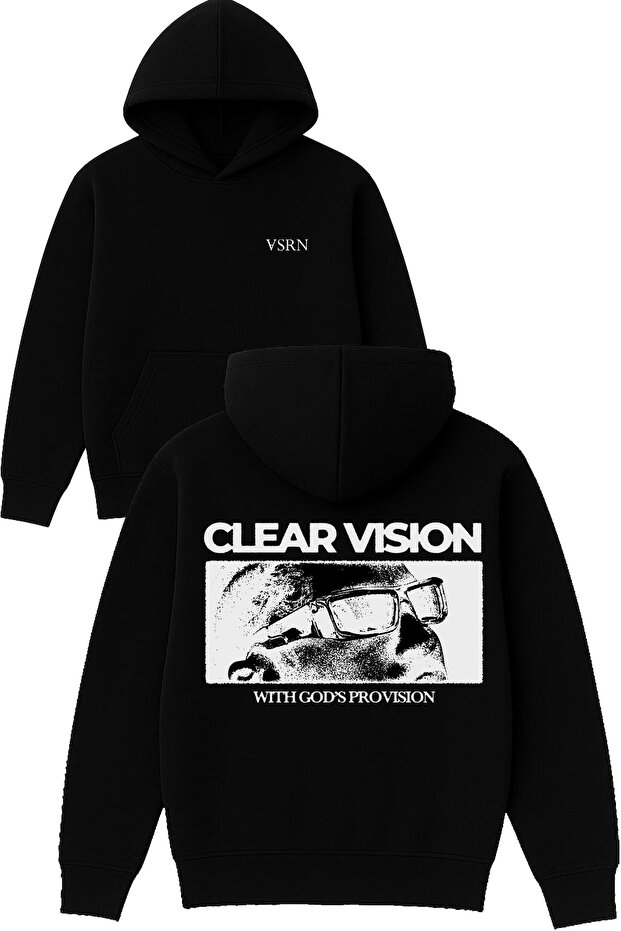 Clear Vision Design Printed Oversized Black Hooded Sweatshirt