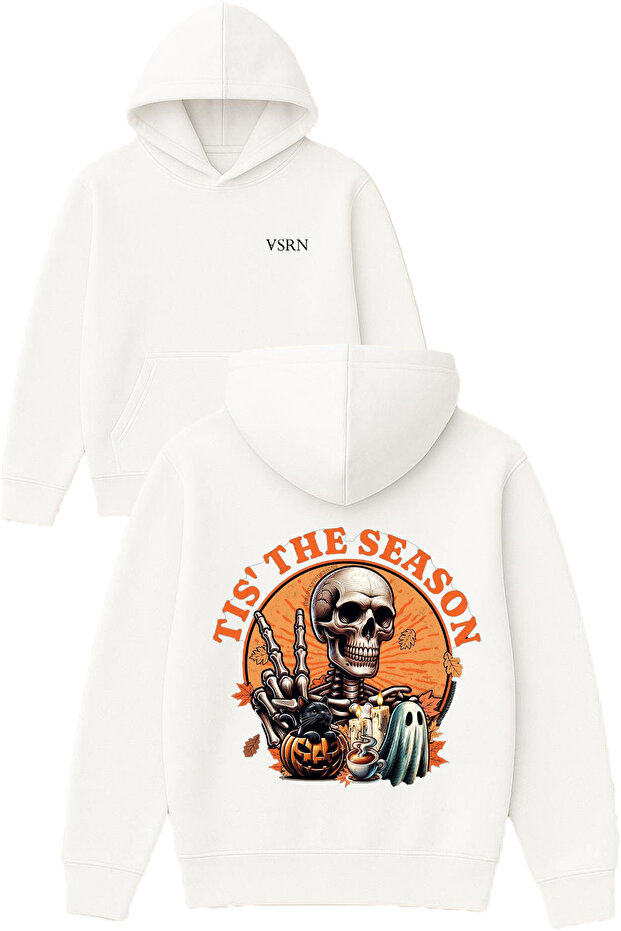 Tıst the Season Design Printed Oversized White Hooded Sweatshirt