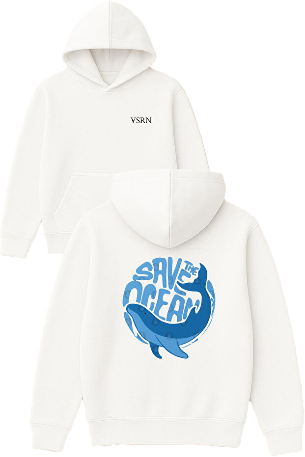 The Save Ocean Design Printed Oversized White Hooded Sweatshirt