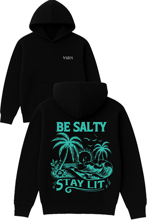 Be Salty Design Printed Oversized Black Hooded Sweatshirt