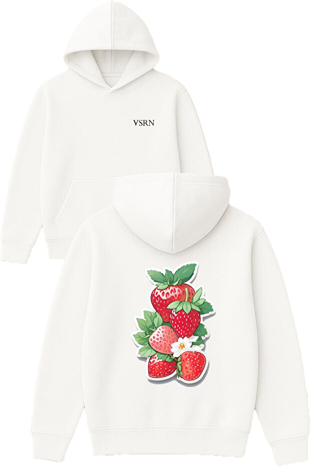 Strawberry Bush Design Printed Oversized White Hooded Sweatshirt