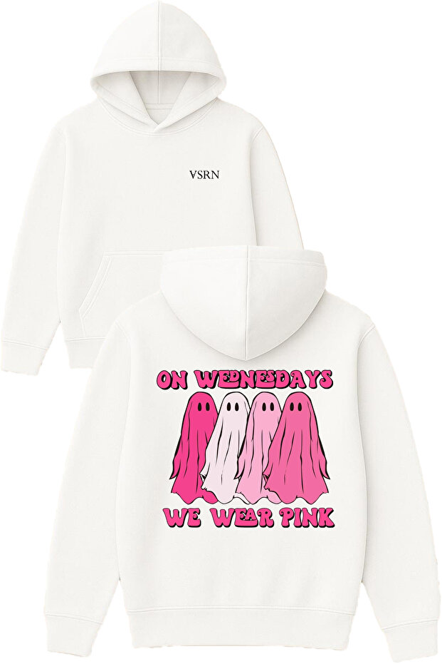 On Wednesdays Design Printed Oversized White Hooded Sweatshirt