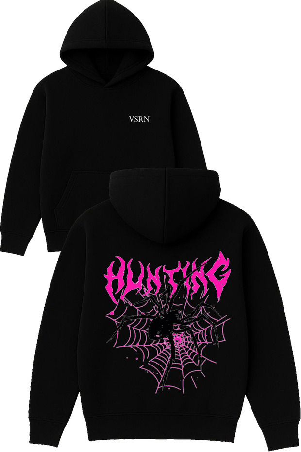 Spider Black Large Design Printed Oversized Black Hooded Sweatshirt