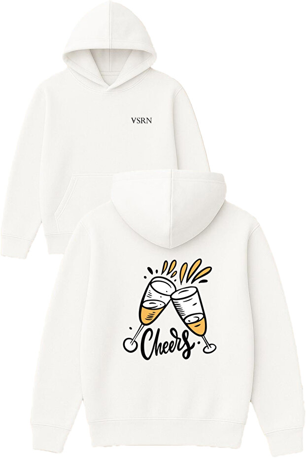 Kadeh Cheers Design Printed Oversized White Hooded Sweatshirt