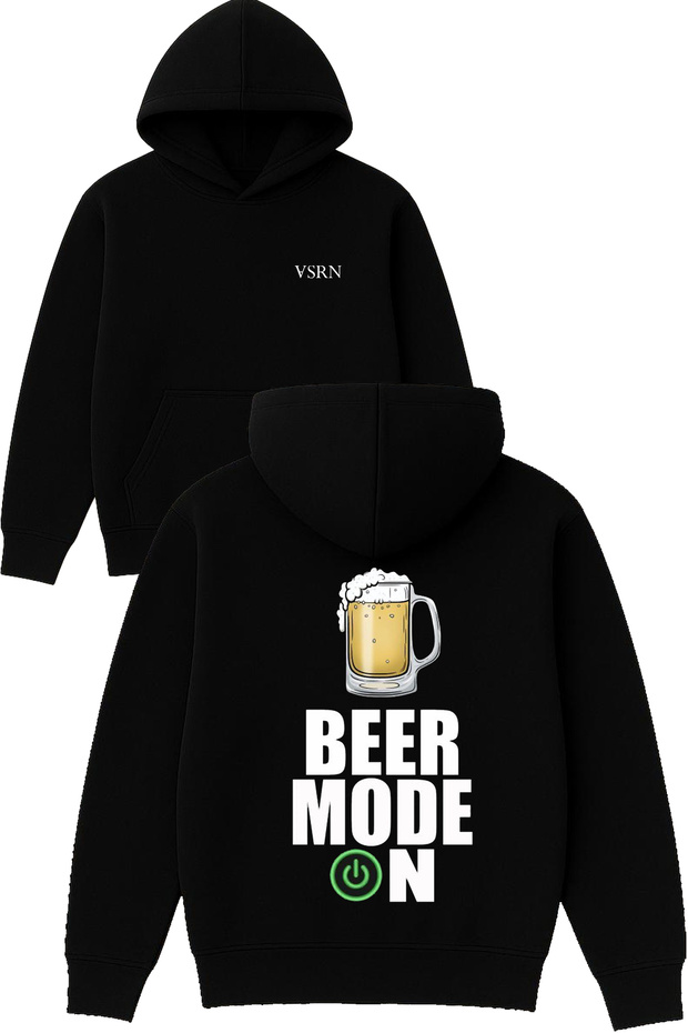Beer Mode on Design Printed Oversize Black Hooded Sweatshirt