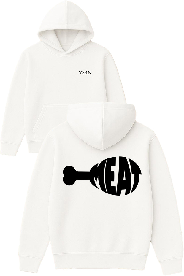 Meat Design Printed Oversized White Hooded Sweatshirt