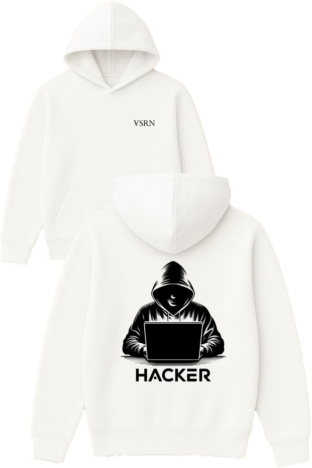 Hacker Design Printed Oversized White Hooded Sweatshirt