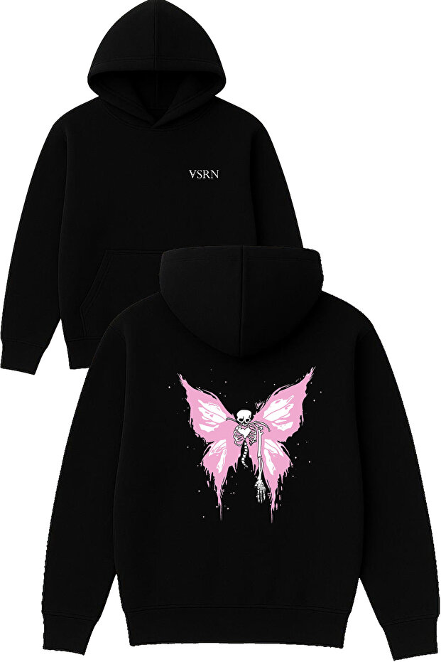 Skeleton Butterfly Design B Printed O Oversized Black K Hooded Sweatshirt