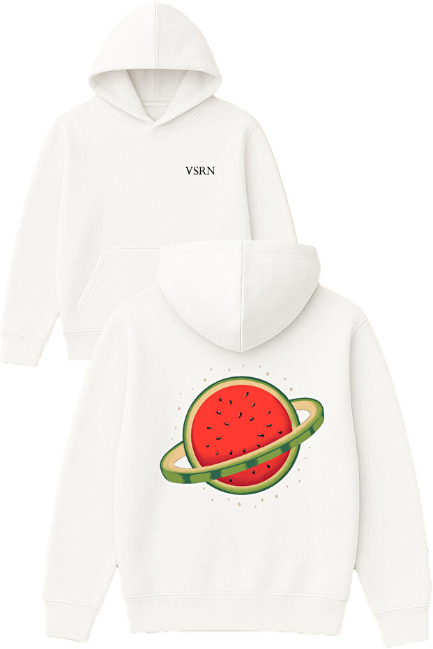 Saturn Watermelon Design Printed Oversized White Hooded Sweatshirt