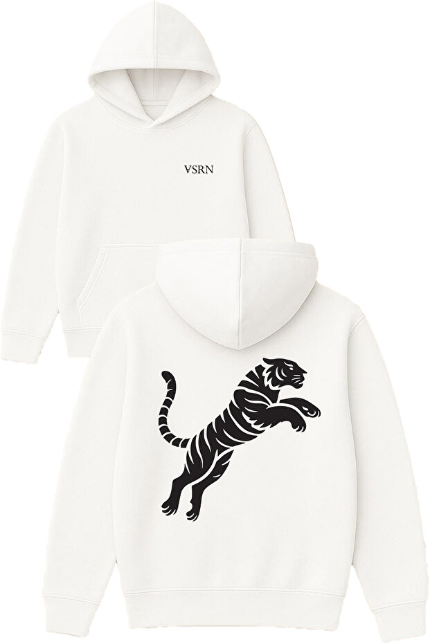 Leaping Tiger Design Printed Oversized White Hooded Sweatshirt