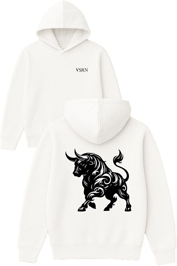 Bull 1 Design Printed Oversized White Hooded Sweatshirt
