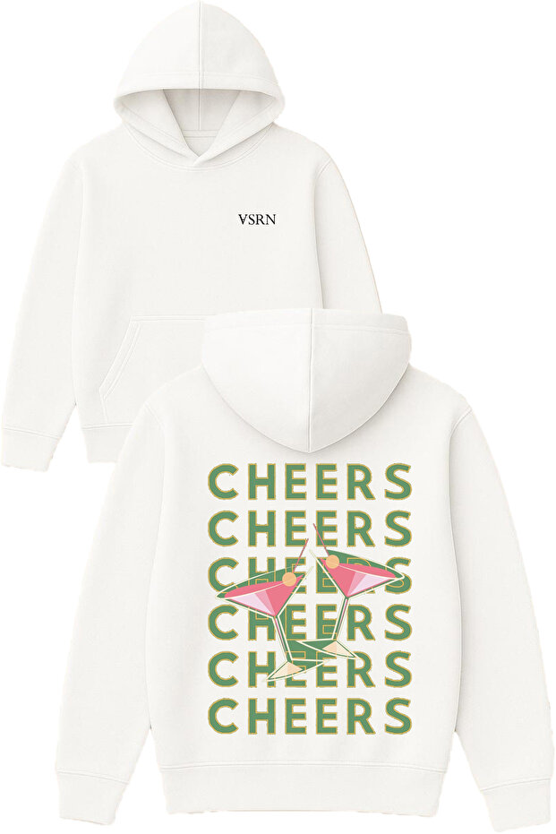 Cheers Cheers Design Printed Oversized White Hooded Sweatshirt