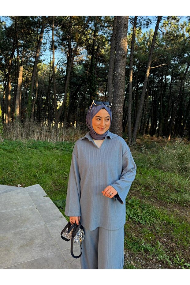 V Neck Corded Fabric Pants Sweater Double Knitwear Set -Blue