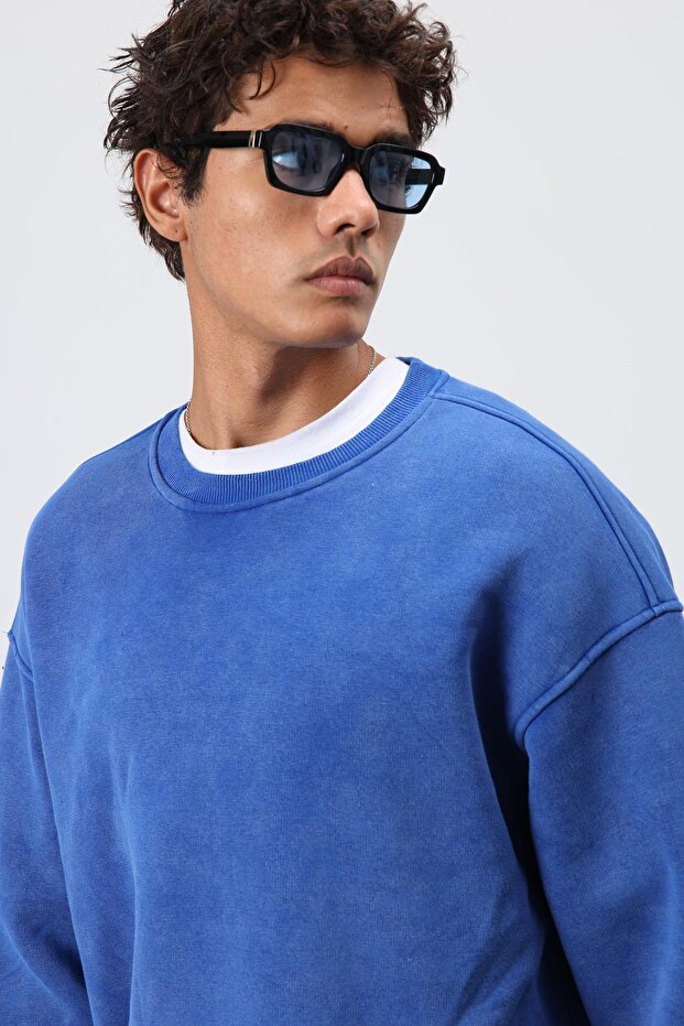 Basic Oversize Yıkamalı Sweatshirt Saks - 2