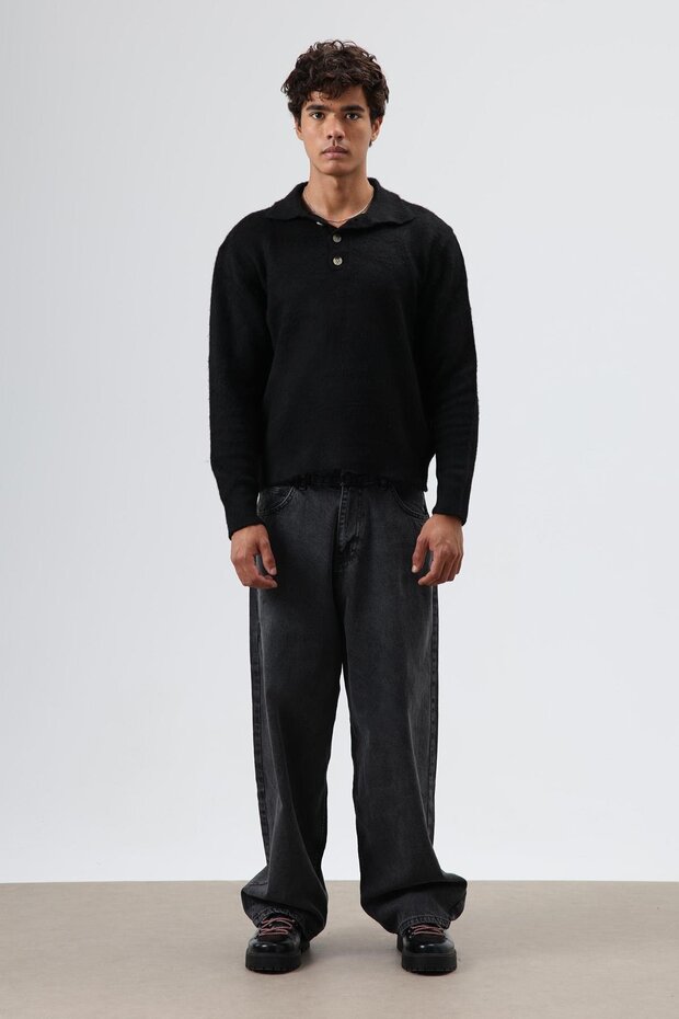 Polo Neck Soft Textured Knitwear Sweater Black