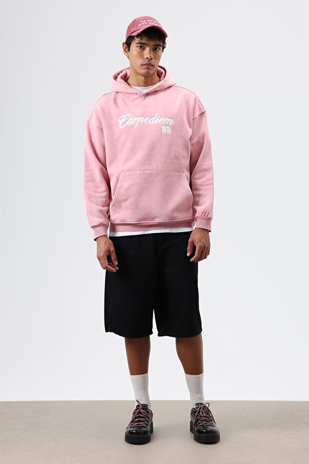 Oversized Printed Hooded Hoodie Salmon