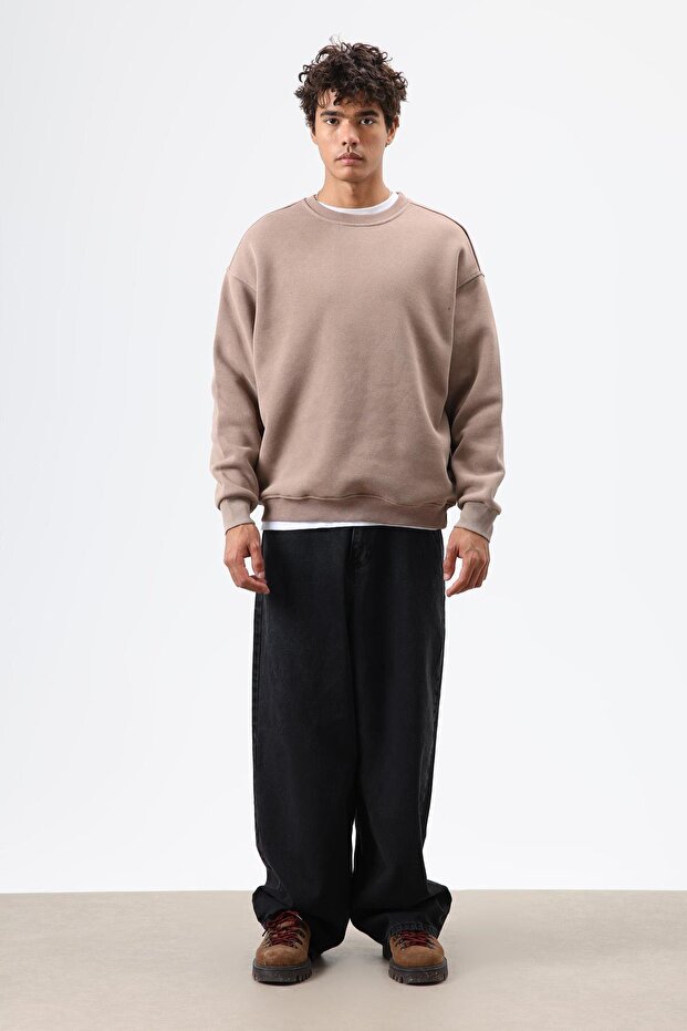 Basic Oversize Yıkamalı Sweatshirt Vizon - 1