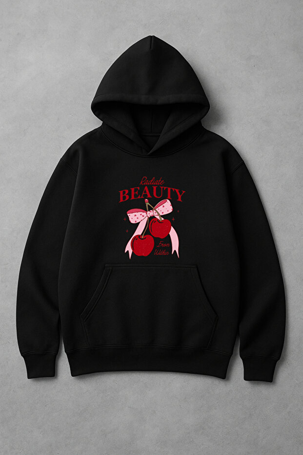 سويت شيرت Radiate Beauty Cherry Pre-Print قصة فضفاضة للجنسين بغطاء رأس