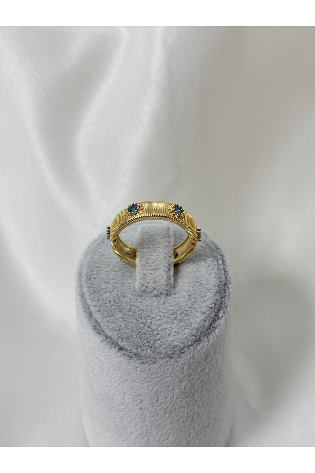 Steel Ring with Blue Zircon Stone Adjustable Thick Gold