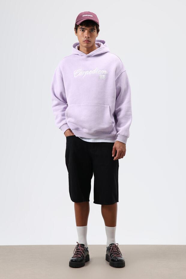 Oversized Printed Hooded Hoodie Lilac