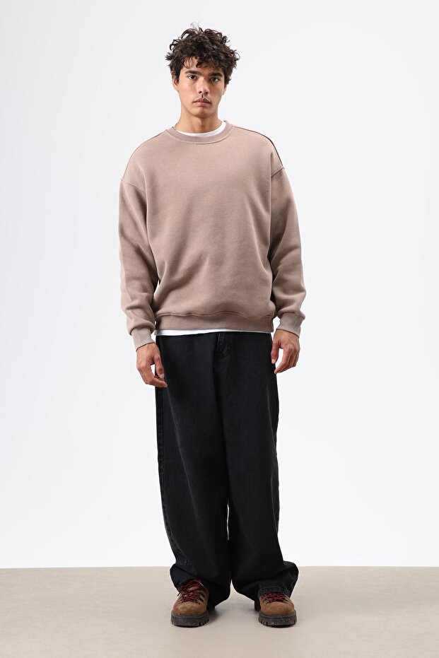 Basic Oversize Yıkamalı Sweatshirt Vizon - 2