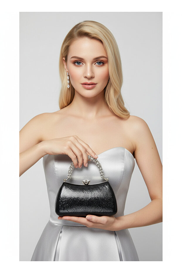 Black Color Special Design Color Crystal Pattern Stone Handle Women's Evening Dress Bag
