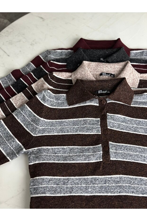 ملابس تريكو أساسية مخططة بياقة بولو - بني/أنثراسيت - 4