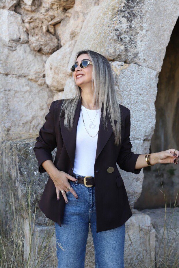 Brown Gold Single Button Blazer Jacket