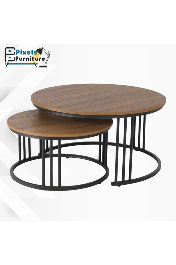 A set of two round, nesting main tables from Pixel Furniture, with metal bases. - 1