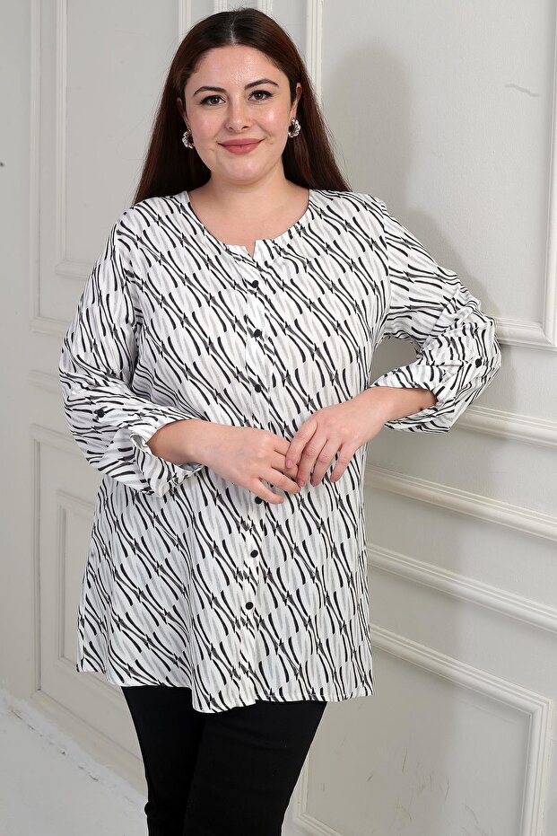 Women's Crew Neck Abstract Patterned Sleeve Folded Plus Size Placket Long Shirt