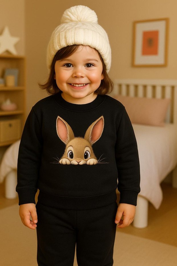 3-Ply Combed Cotton Children's Unisex Cute Hidden Rabbit Patterned Sweatshirt Ages 3-4-5-6-7-8-9-10-11-12