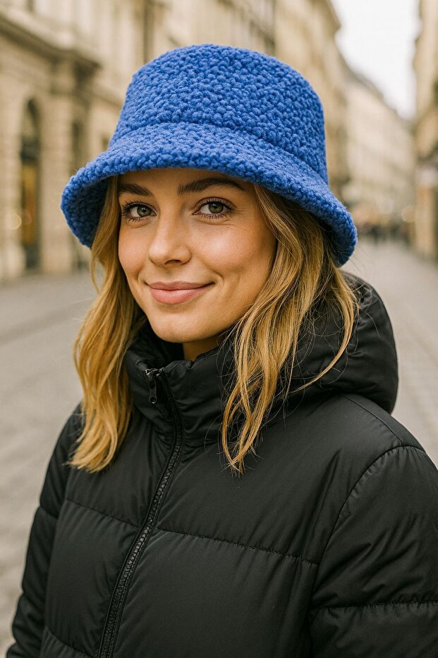 Blue Soft Textured Curly Plush Bucket Women's Hat