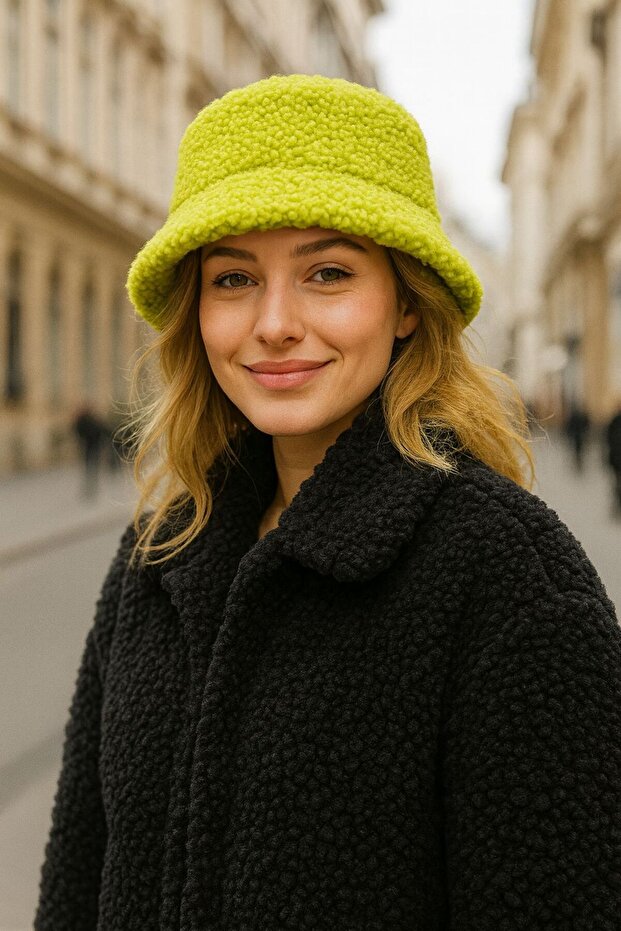 Green Soft Textured Curly Plush Bucket Women's Hat
