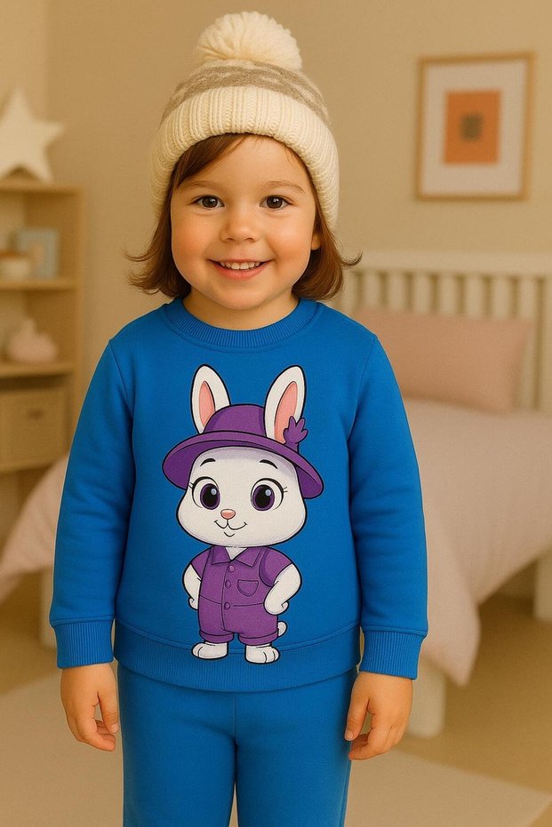 3-Ply Combed Cotton Children's Unisex Dress-Wearing Rabbit Patterned Sweatshirt Ages 3-4-5-6-7-8-9-10-11-12