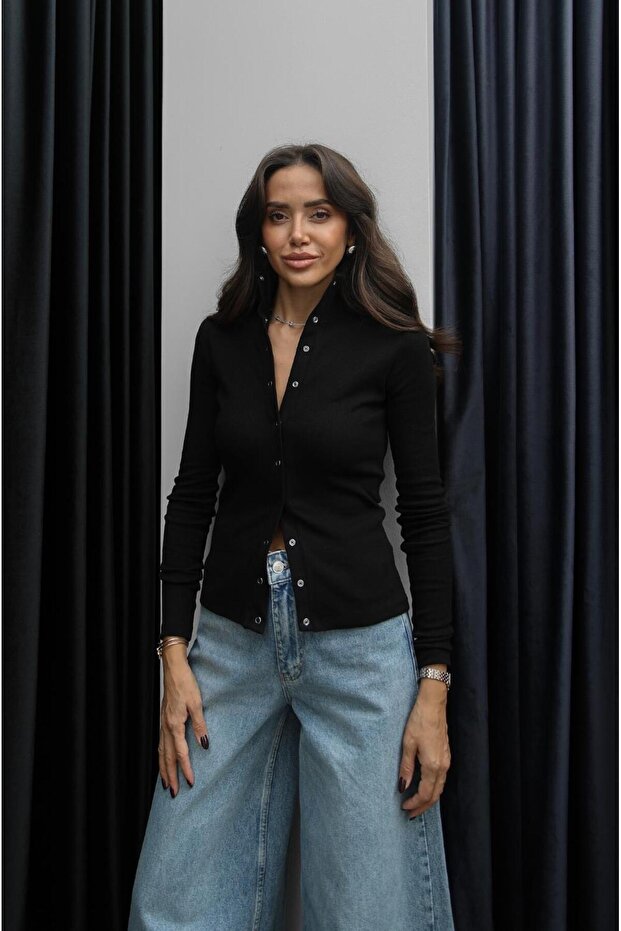 Black Long Sleeve Blouse with Snap Buttons on the Front - 2