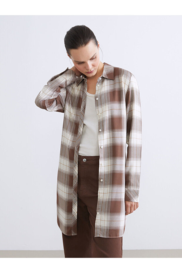 Lcwaikiki Classic Brown Plaid Women's Shirt Tunic