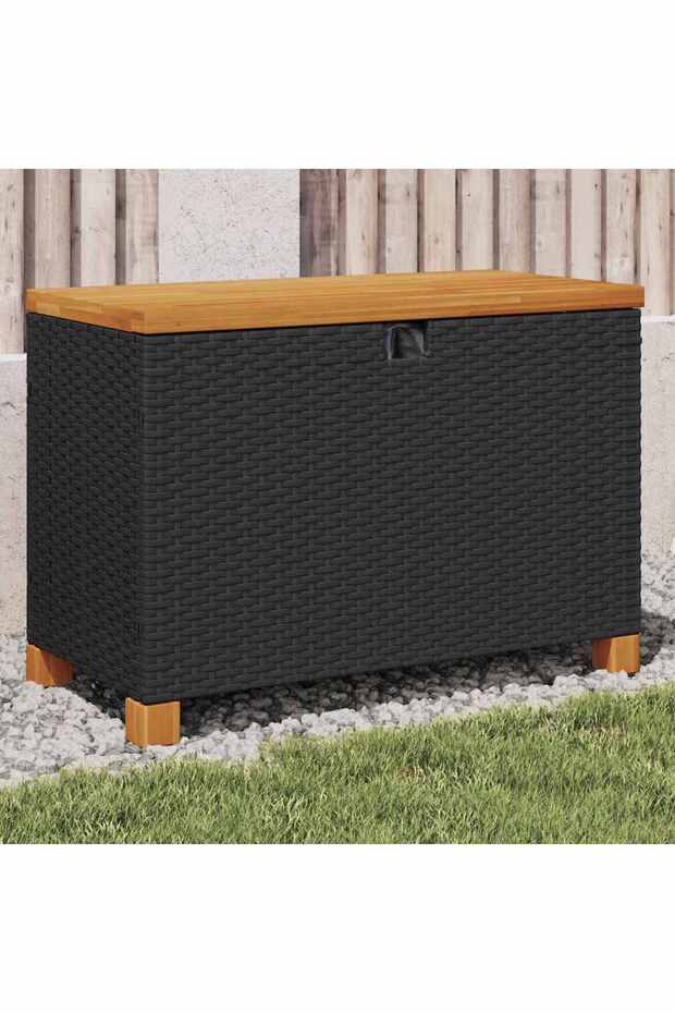 Garden Storage Box Black 80x40x48 cm Poly Rattan Acacia Wood