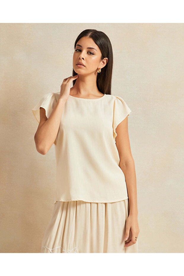 Women Beige Ruffle Sleeve Detailed Blouse