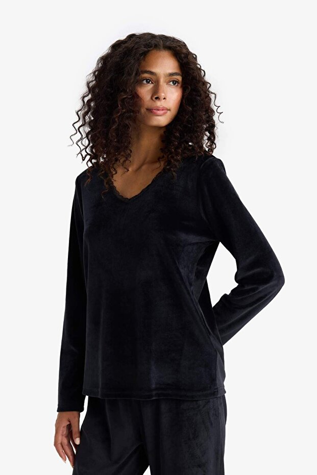 Pijama Takımı Regular Fit Uzun Kollu Velur Üst Uzun Alt-Fall in Love E8691AX25WN - 3