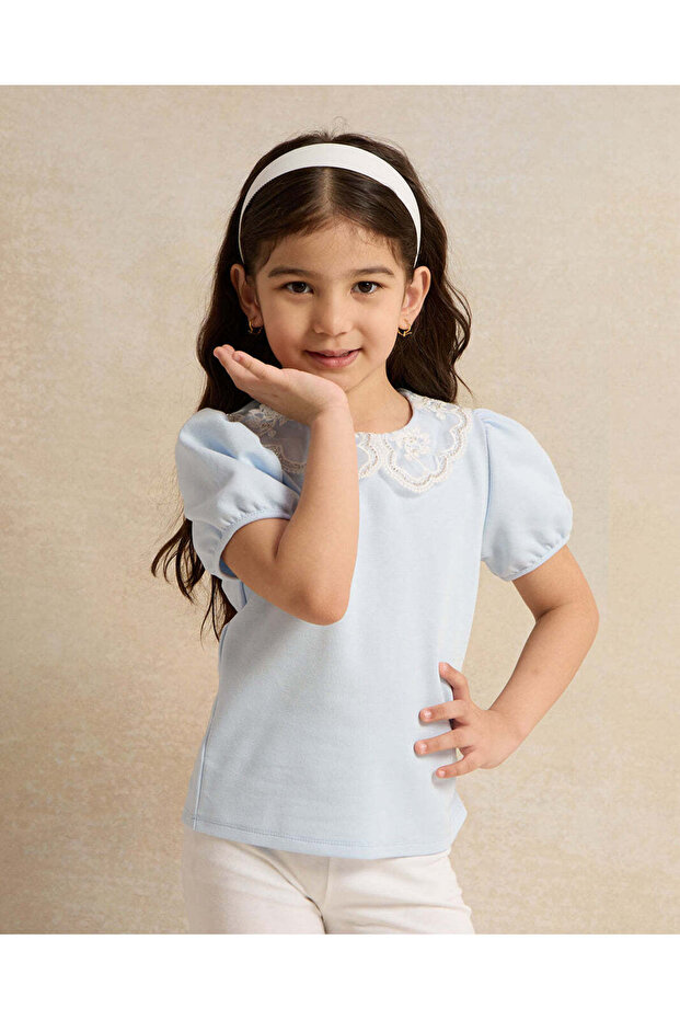 Girls Blue Glittered Collared Top